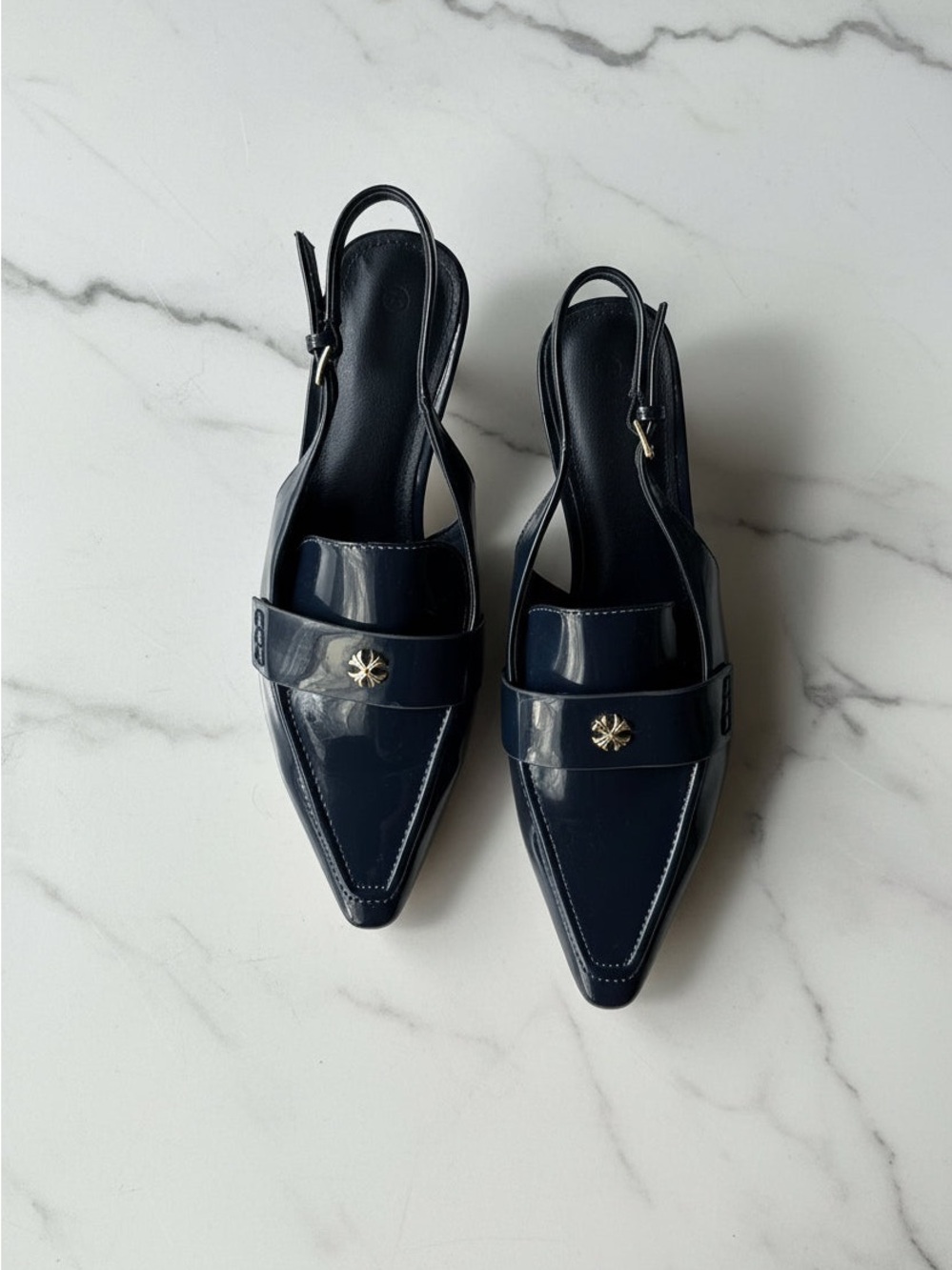 Source Unknown Navy Patent Slingback Pointed-Toe Flats with Gold Accent